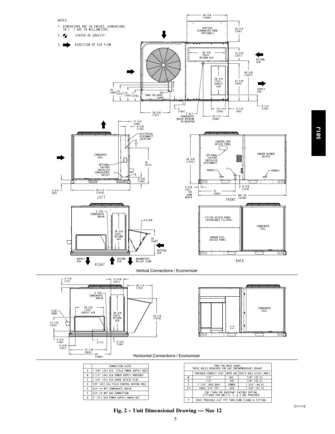 Bryant 581J installation instructions Unit Dimensional Drawing Size 