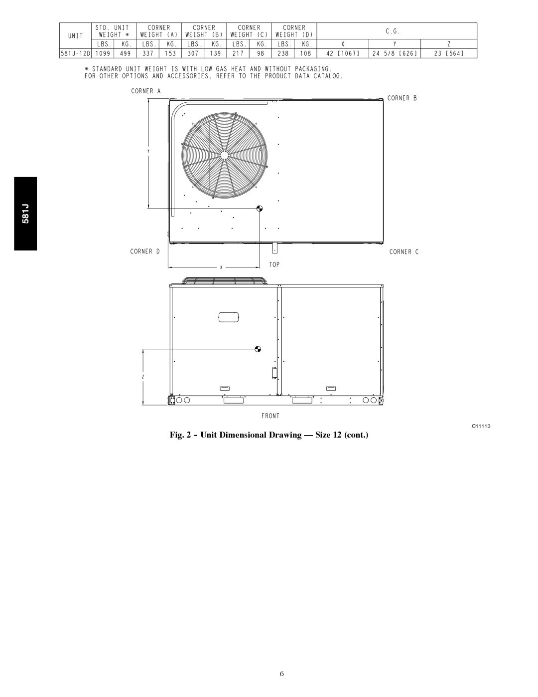 Bryant 581J installation instructions Unit Dimensional Drawing Size 12 