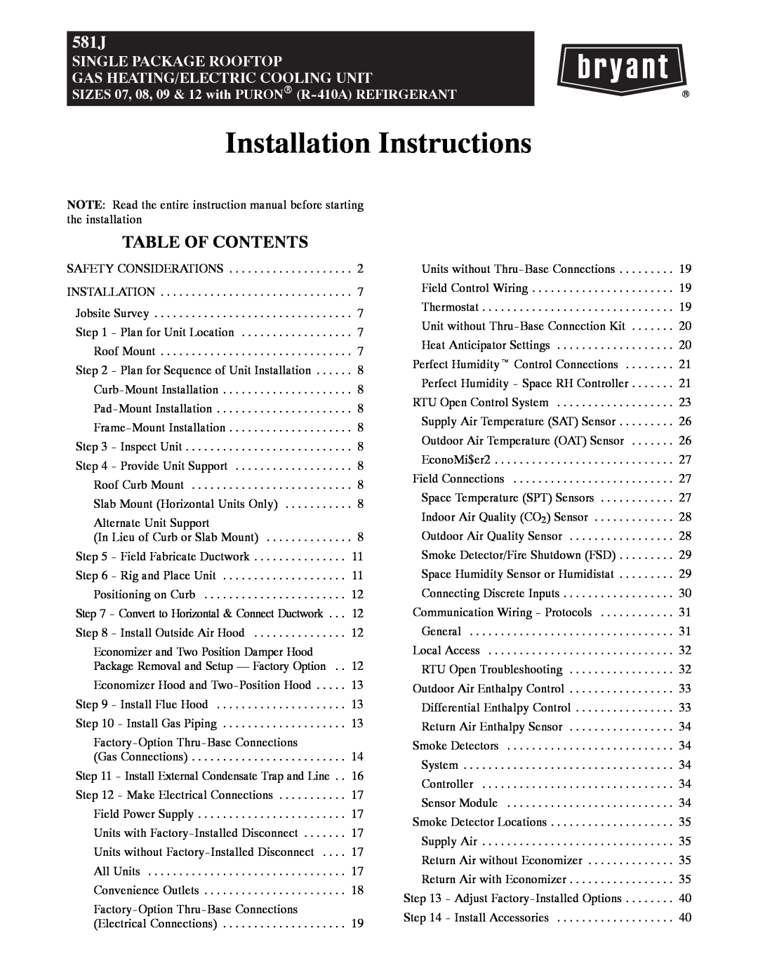 Bryant 581J installation instructions Table Of Contents, Installation Instructions, Single Package Rooftop 