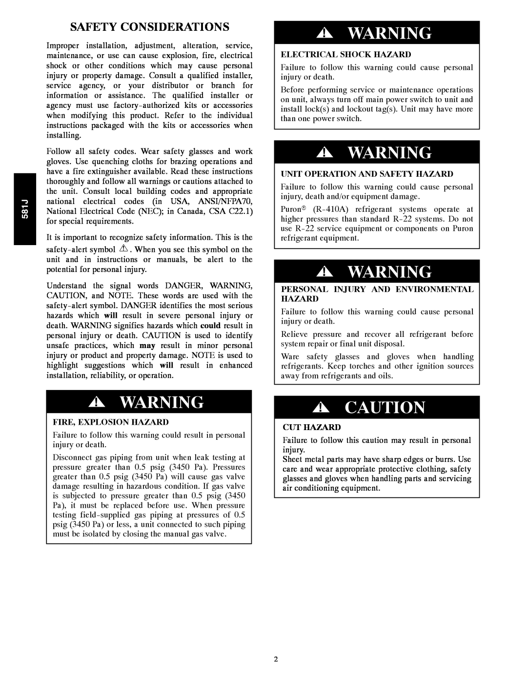 Bryant 581J Safety Considerations, Fire, Explosion Hazard, Electrical Shock Hazard, Unit Operation And Safety Hazard 