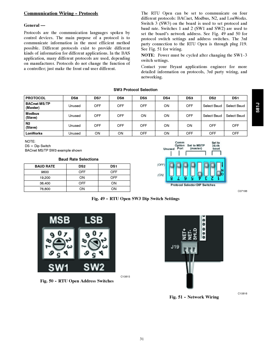 Bryant 581J Communication Wiring - Protocols, General, RTU Open SW3 Dip Switch Settings, RTU Open Address Switches 