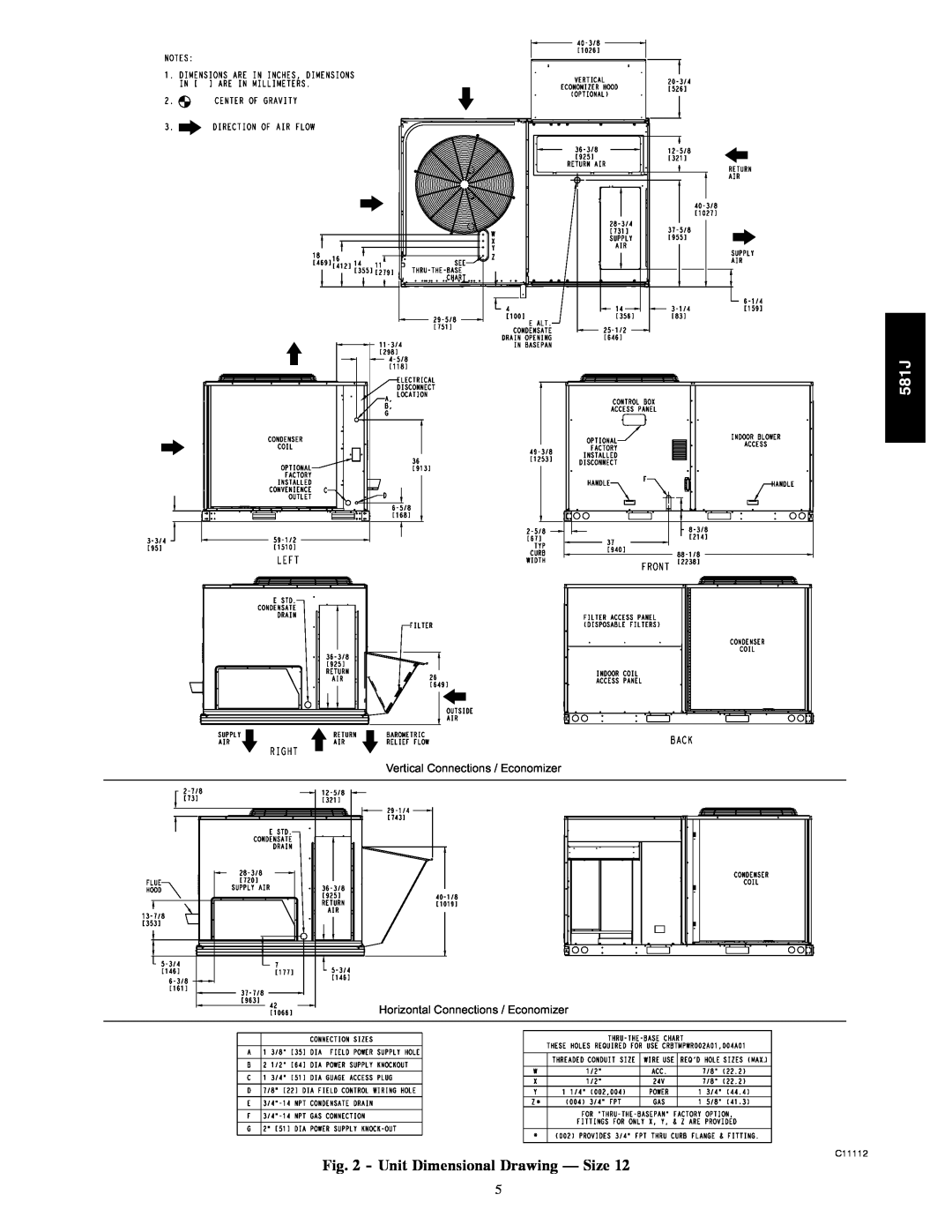 Bryant 581J installation instructions Unit Dimensional Drawing - Size, Vertical Connections / Economizer 