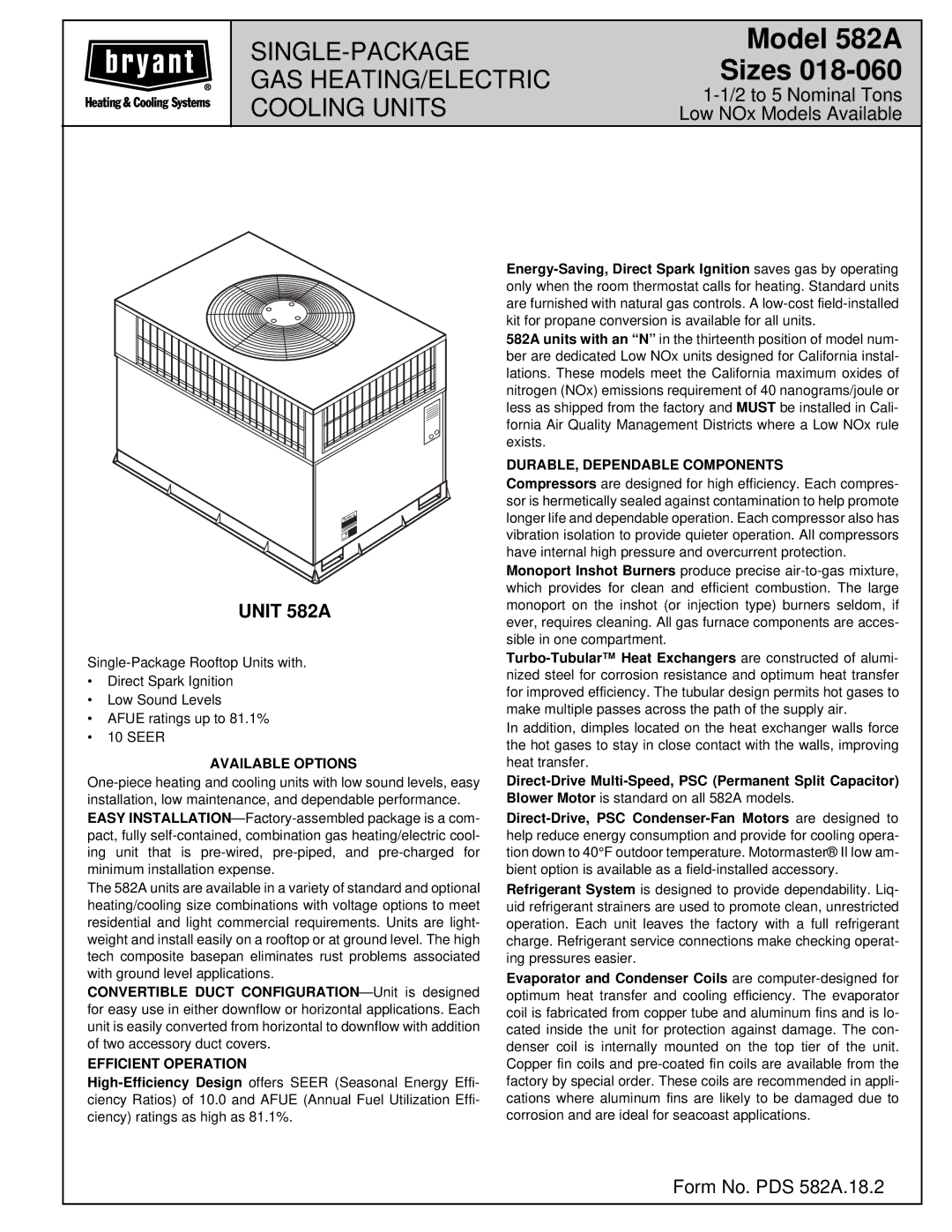 Bryant 582A manual Available Options, Efficient Operation, DURABLE, Dependable Components 