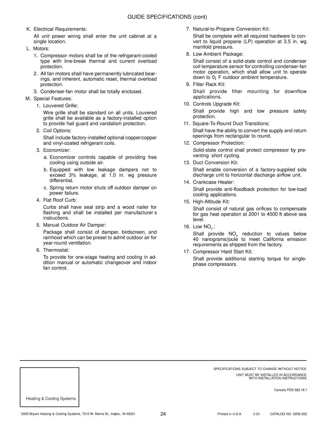 Bryant 582A manual Guide Specifications, Heating & Cooling Systems 