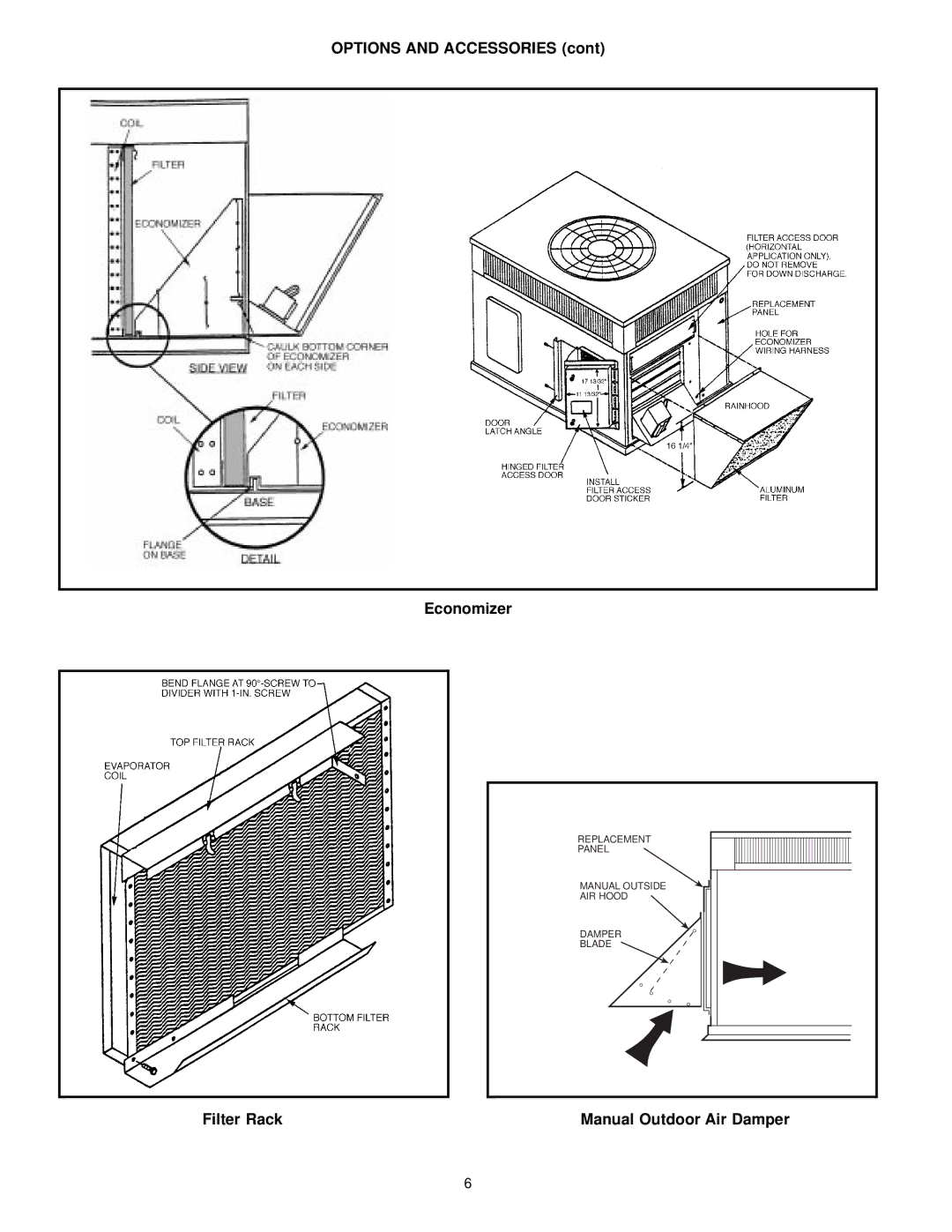 Bryant 582A manual Options and Accessories Economizer, Filter Rack Manual Outdoor Air Damper 