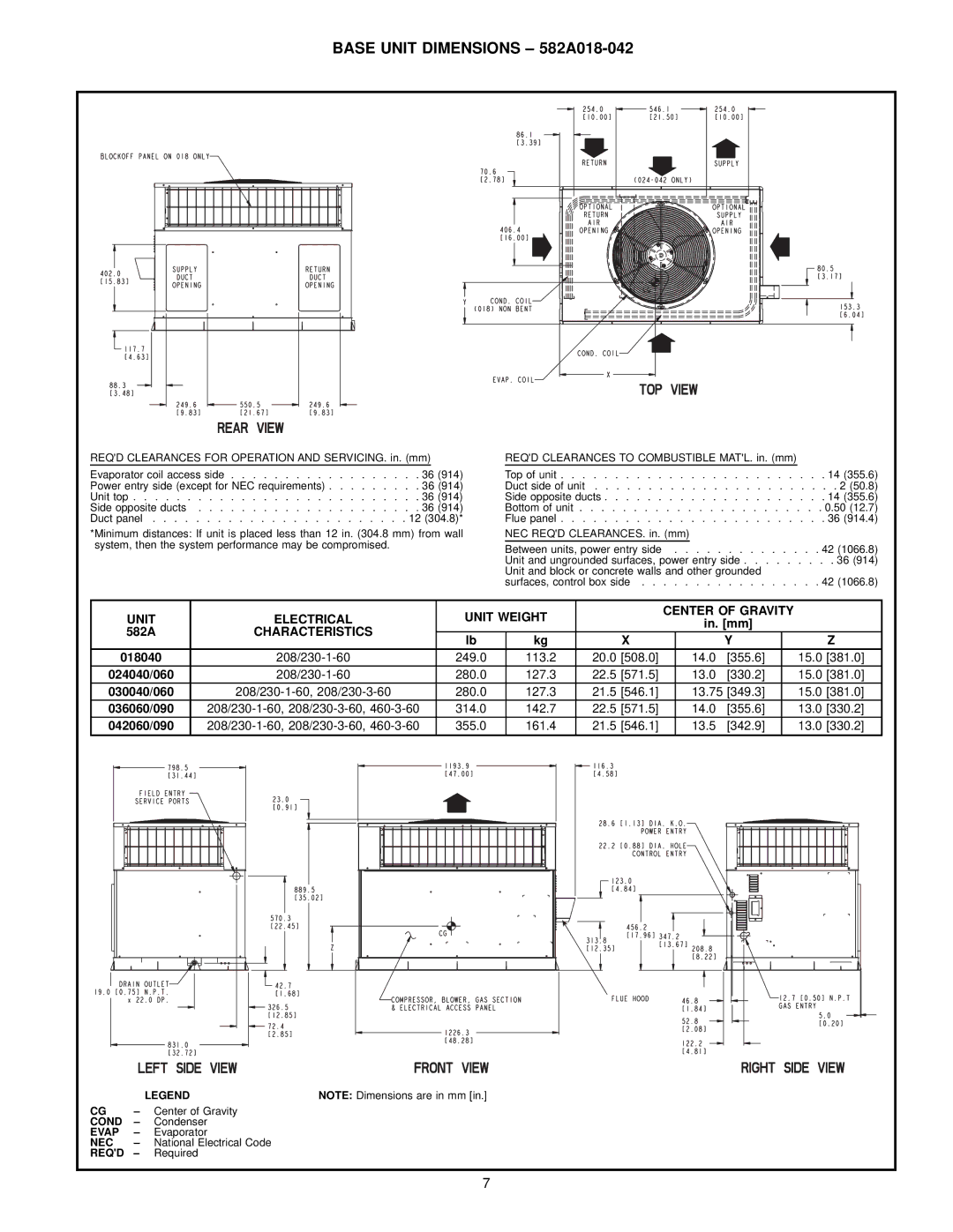 Bryant manual Base Unit Dimensions 582A018-042, Unit Electrical Unit Weight Center of Gravity, Characteristics 