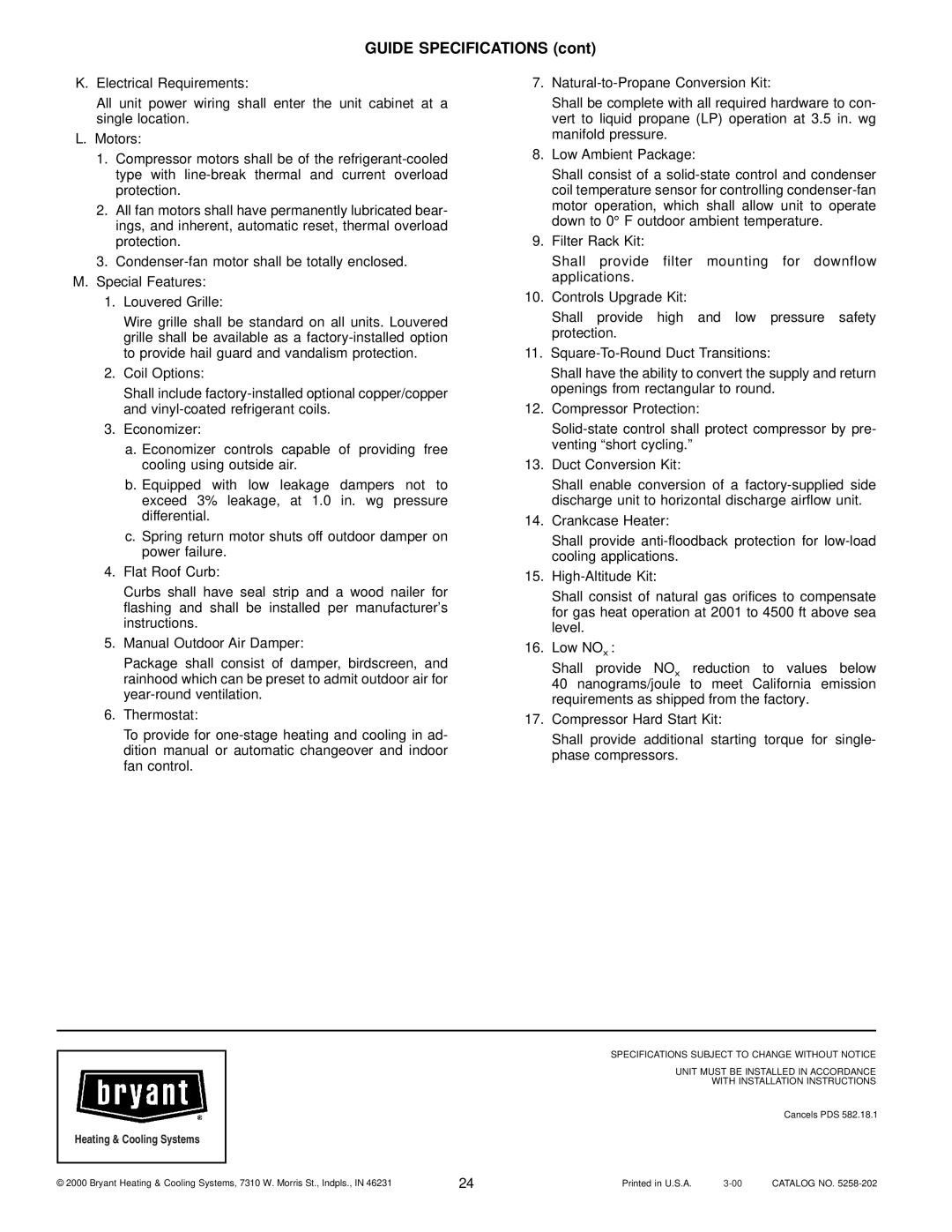 Bryant 582A manual GUIDE SPECIFICATIONS cont 