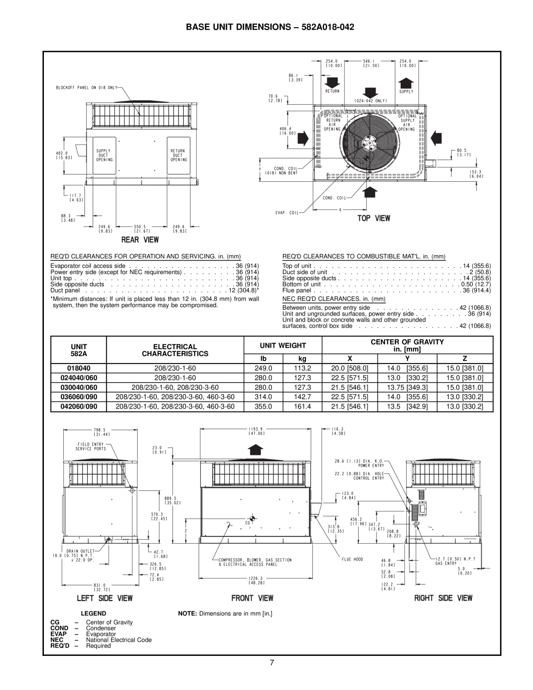 Bryant BASE UNIT DIMENSIONS - 582A018-042, Electrical, Unit Weight, Center Of Gravity, Characteristics, 018040 