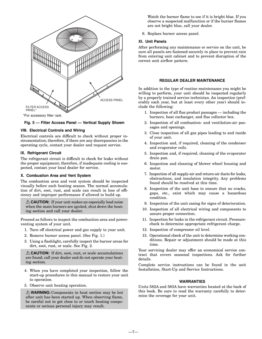 Bryant 583A manual IX. Refrigerant Circuit, Combustion Area and Vent System, XI. Unit Panels, Regular Dealer Maintenance 