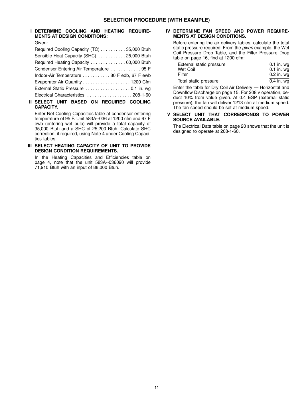 Bryant 583A manual Selection Procedure with Example, II Select Unit Based on Required Cooling Capacity 