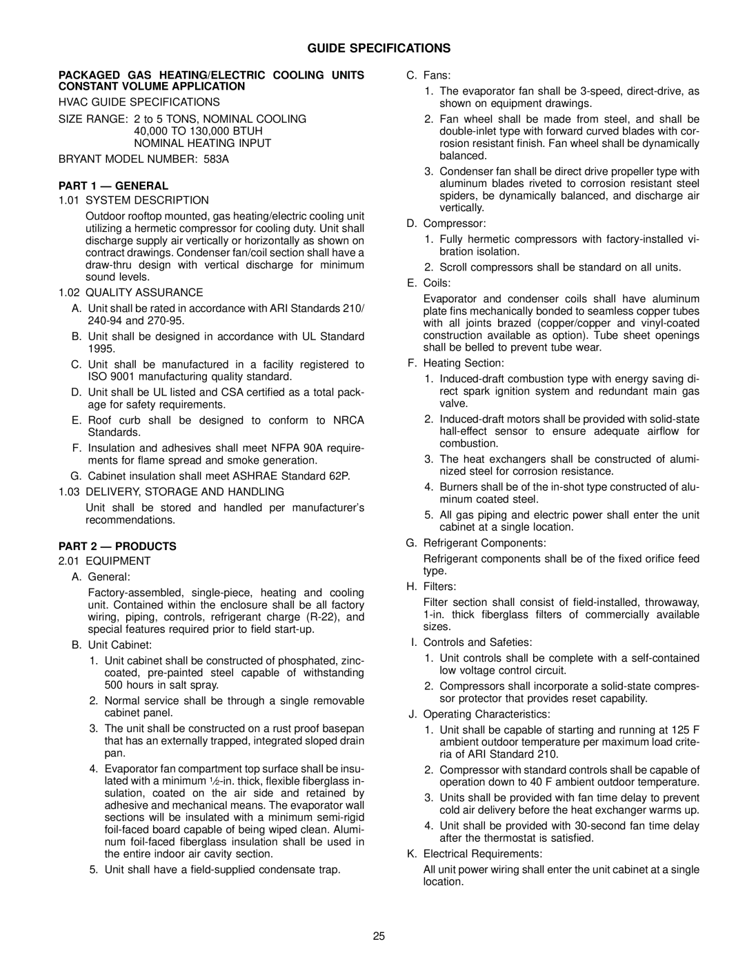 Bryant 583A manual Guide Specifications, Part 1 Ð General, Part 2 Ð Products 