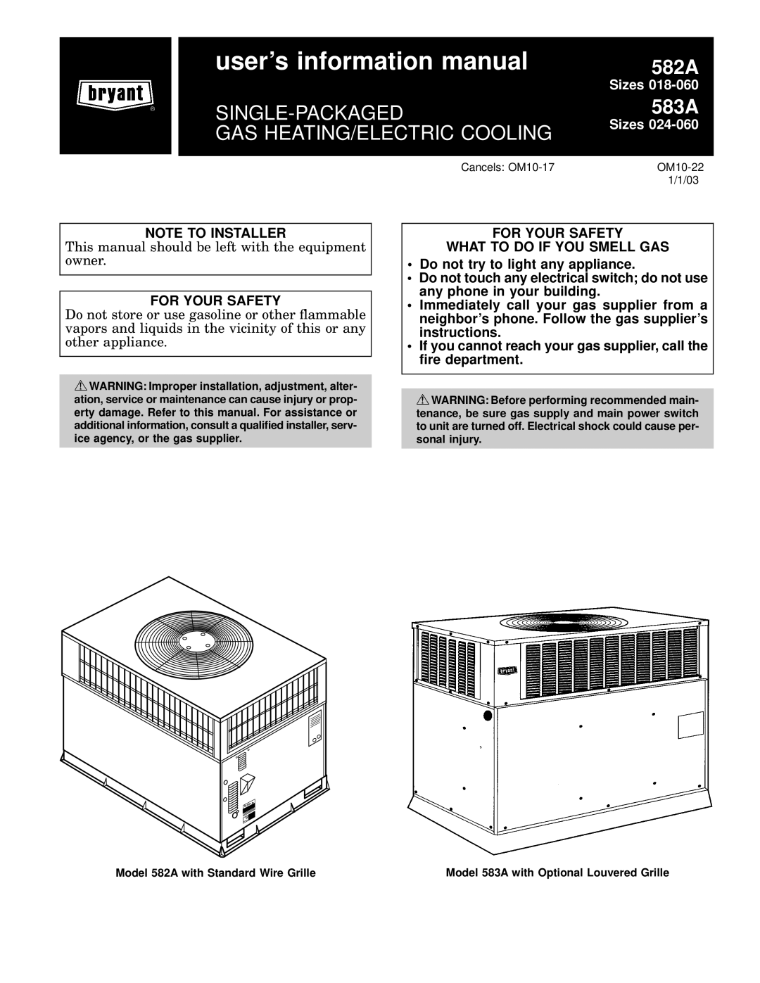 Bryant 583A manual users information manual, 582A, Single-Packaged, Gas Heating/Electric Cooling, Sizes 