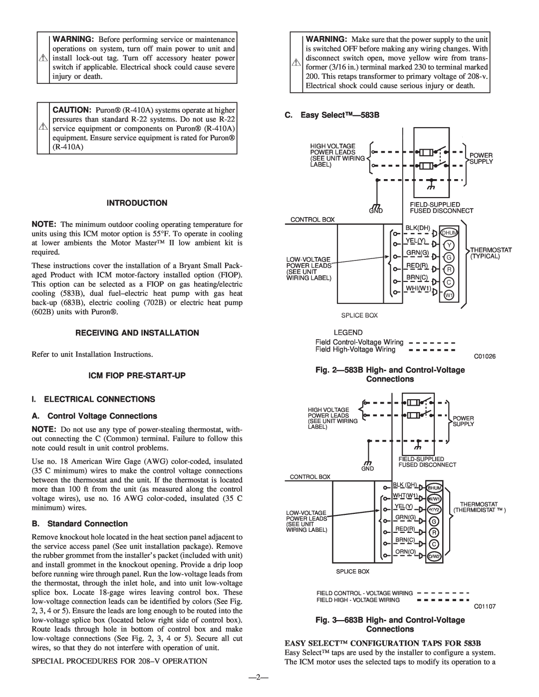 Bryant 683B C. Easy SelectÐ583B, Introduction, Receiving And Installation, Icm Fiop Pre-Start-Up I. Electrical Connections 