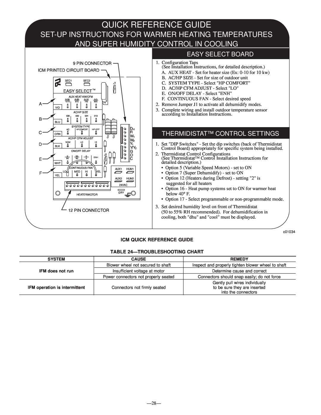 Bryant 583B, 702B, 683B, 602B Quick Reference Guide, Set-Up Instructions For Warmer Heating Temperatures, Easy Select Board 
