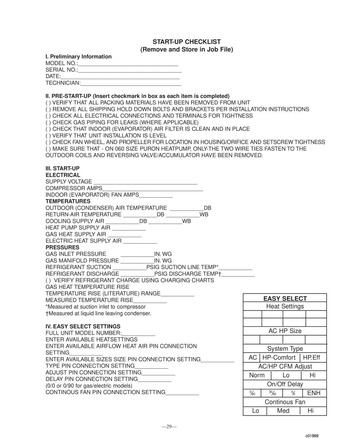 Bryant 702B, 583B START-UP CHECKLIST Remove and Store in Job File, Easy Select, I. Preliminary Information, Temperatures 