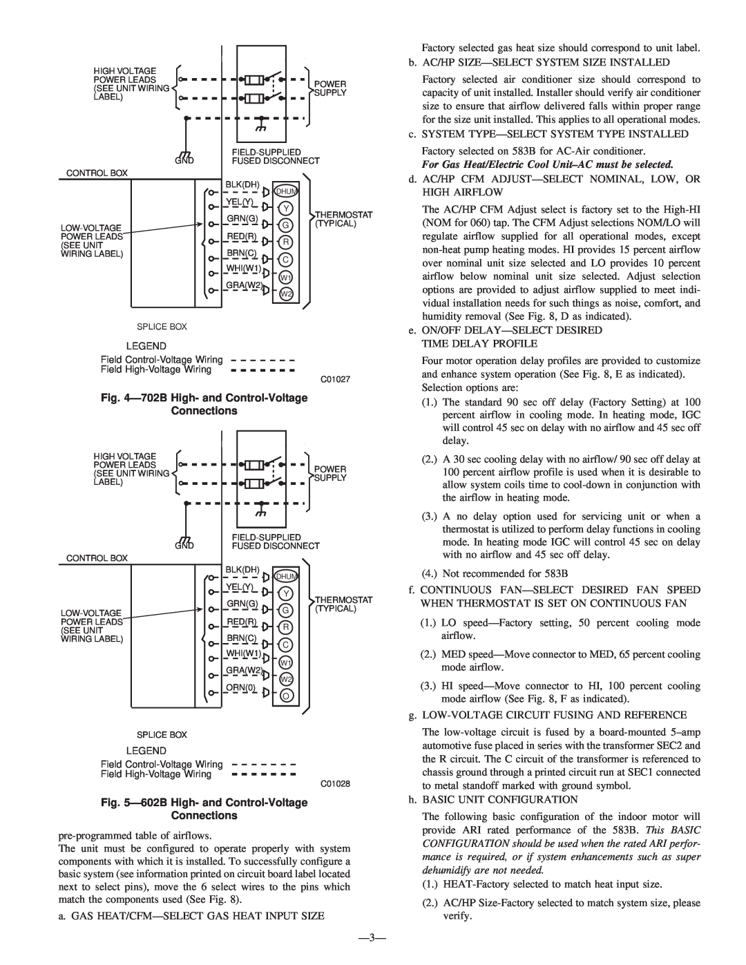 Bryant 602B, 583B, 683B For Gas Heat/Electric Cool Unit±AC must be selected, Ð702B High- and Control-Voltage Connections 