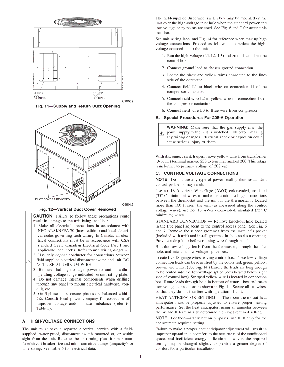 Bryant 583B Special Procedures For 208-V Operation, HIGH-VOLTAGE Connections, Control Voltage Connections 