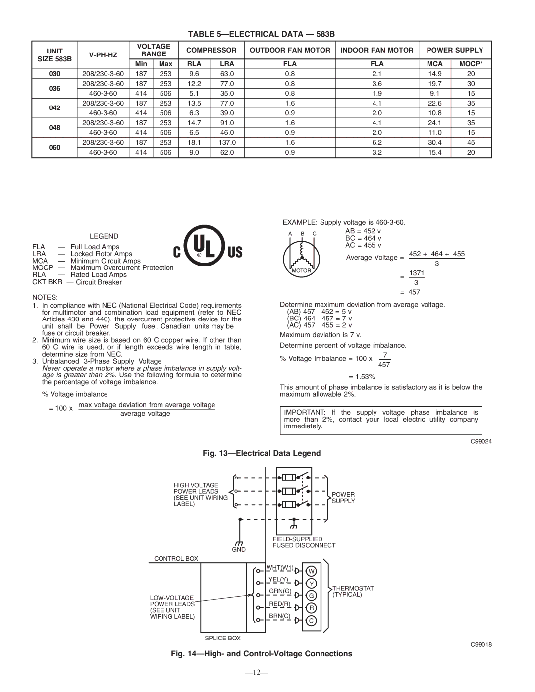 Bryant instruction manual Electrical Data 583B, RLA LRA FLA MCA Mocp 