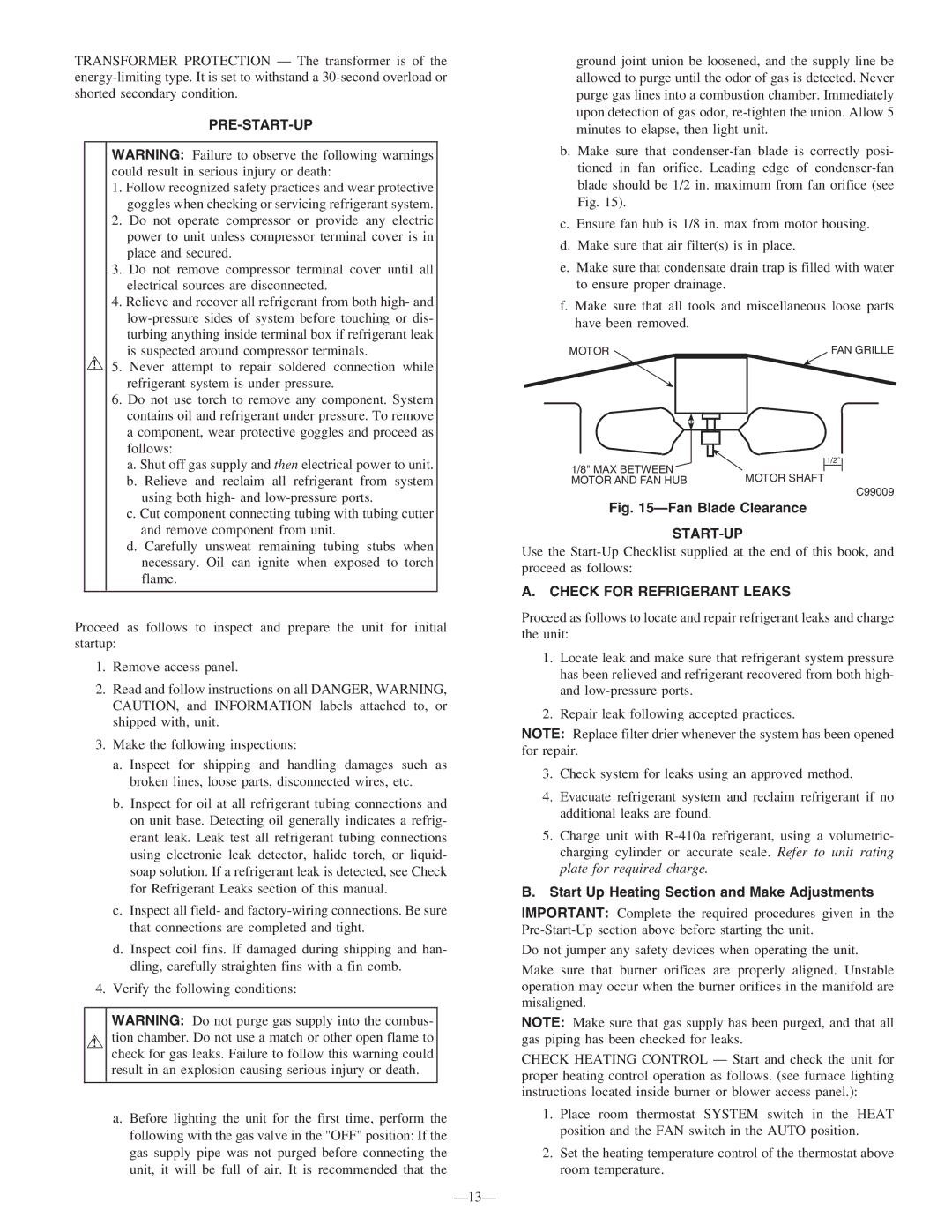 Bryant 583B instruction manual Pre-Start-Up, Check for Refrigerant Leaks, Start Up Heating Section and Make Adjustments 