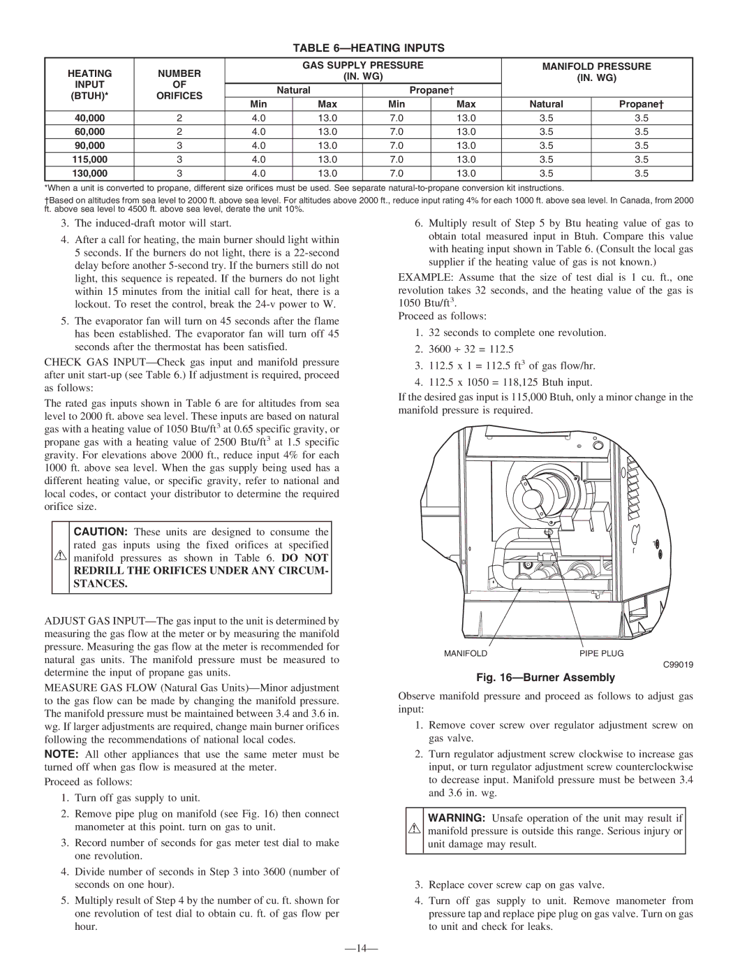 Bryant 583B instruction manual Heating Inputs, Heating Number GAS Supply Pressure Manifold Pressure, Btuh Orifices 