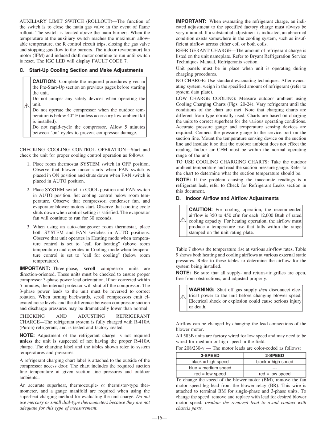 Bryant 583B instruction manual Start-Up Cooling Section and Make Adjustments, Indoor Airflow and Airflow Adjustments, Speed 