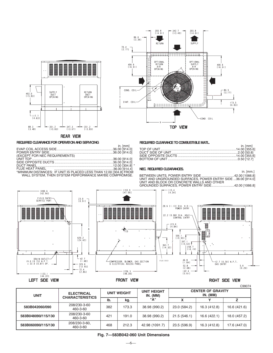 Bryant 583B instruction manual Required Clearance for Operation and Servicing, Required Clearance to Combustible Matl 