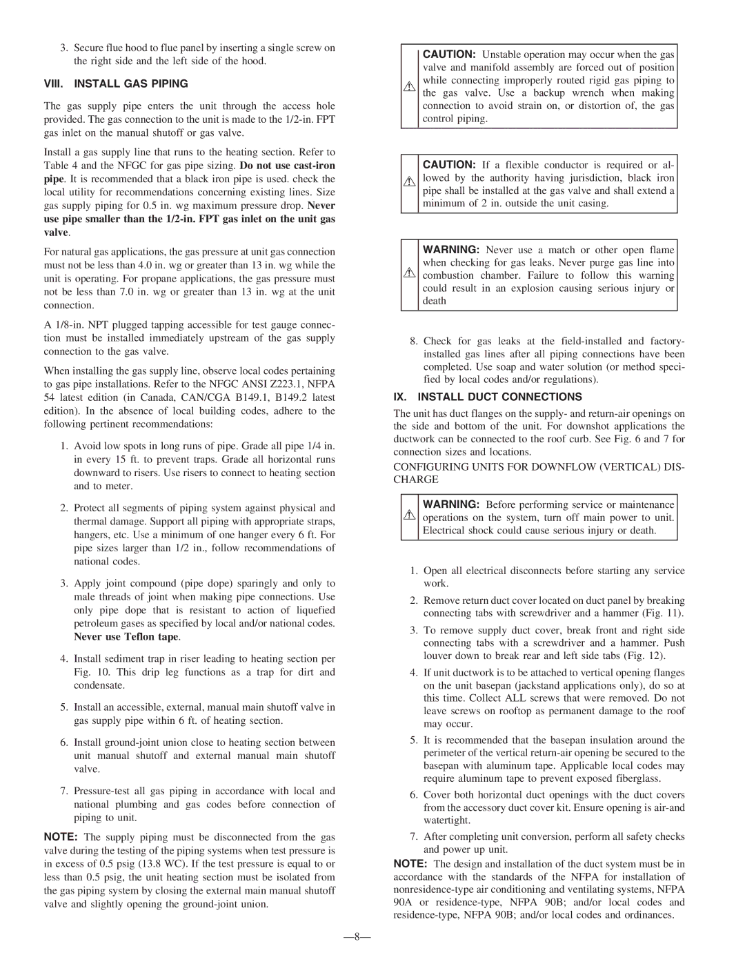 Bryant 583B instruction manual VIII. Install GAS Piping, IX. Install Duct Connections 