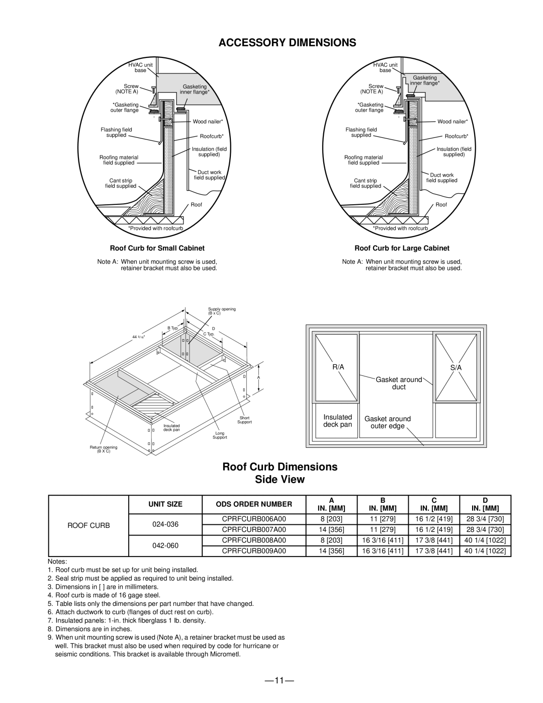 Bryant 583B Accessory Dimensions, Roof Curb Dimensions Side View, Roof Curb for Small Cabinet, Unit Size ODS Order Number 