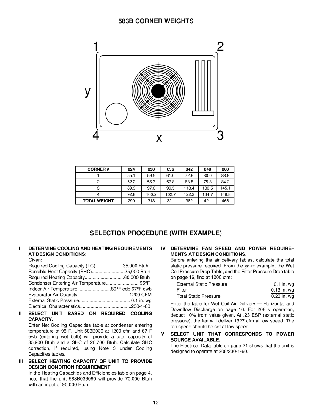 Bryant manual 583B Corner Weights, Selection Procedure with Example, II Select Unit Based on Required Cooling Capacity 