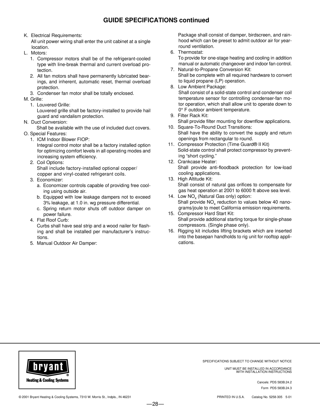 Bryant 583B manual Guide Specifications 