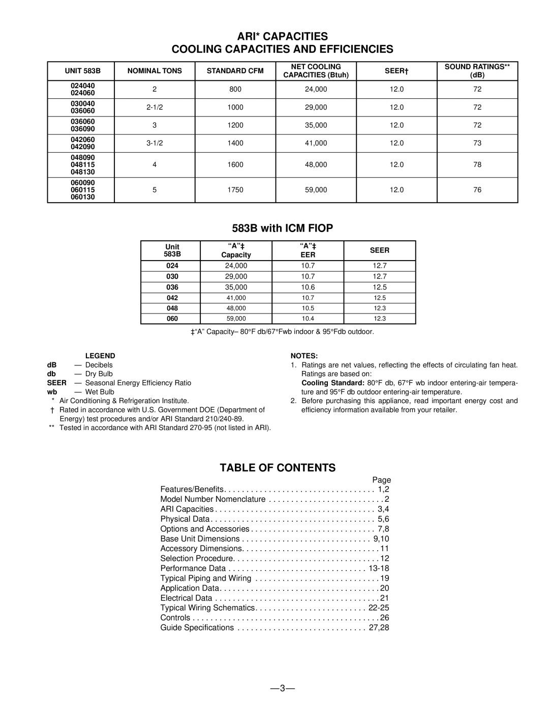 Bryant 583B manual ARI* Capacities Cooling Capacities and Efficiencies, Table of Contents 