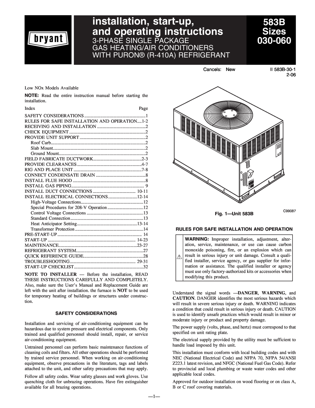 Bryant instruction manual Unit583B, Safety Considerations, Rules For Safe Installation And Operation, 583B Sizes 