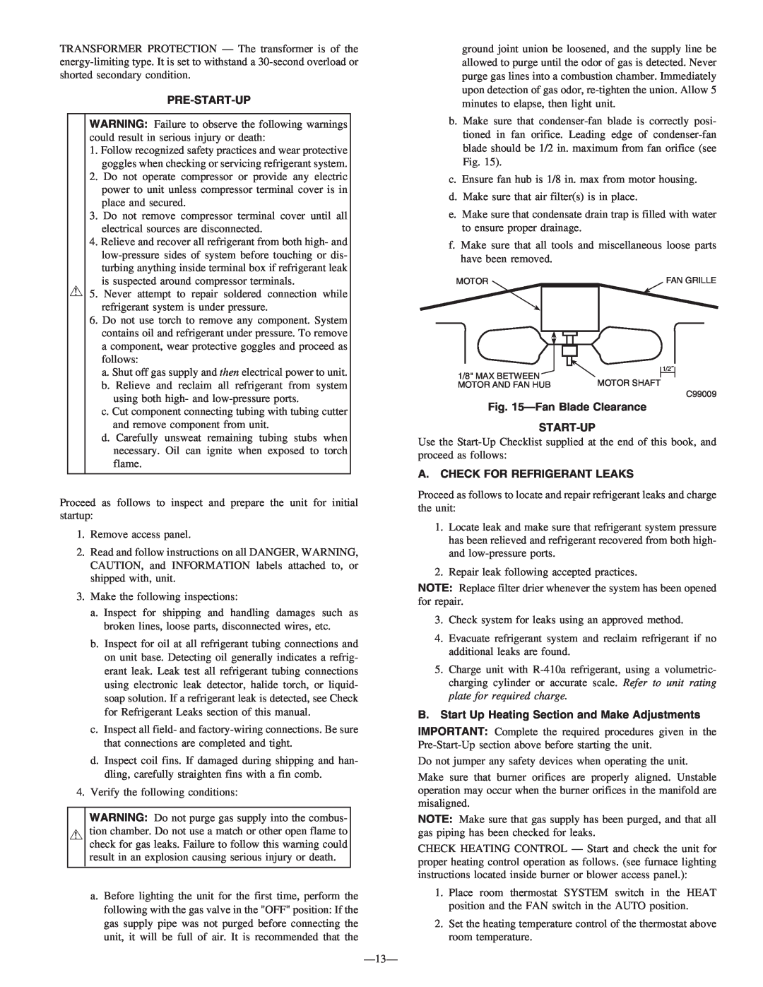 Bryant 583B instruction manual Pre-Start-Up, FanBlade Clearance START-UP, A. Check For Refrigerant Leaks 