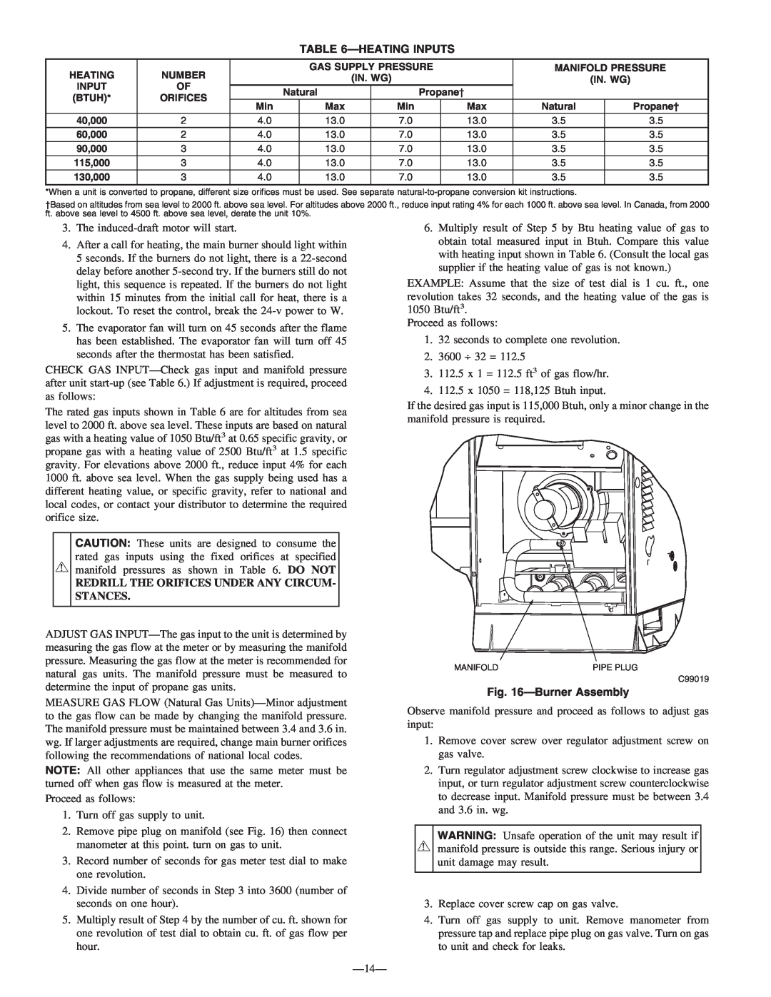 Bryant 583B instruction manual Heatinginputs, Redrill The Orifices Under Any Circum- Stances, BurnerAssembly 