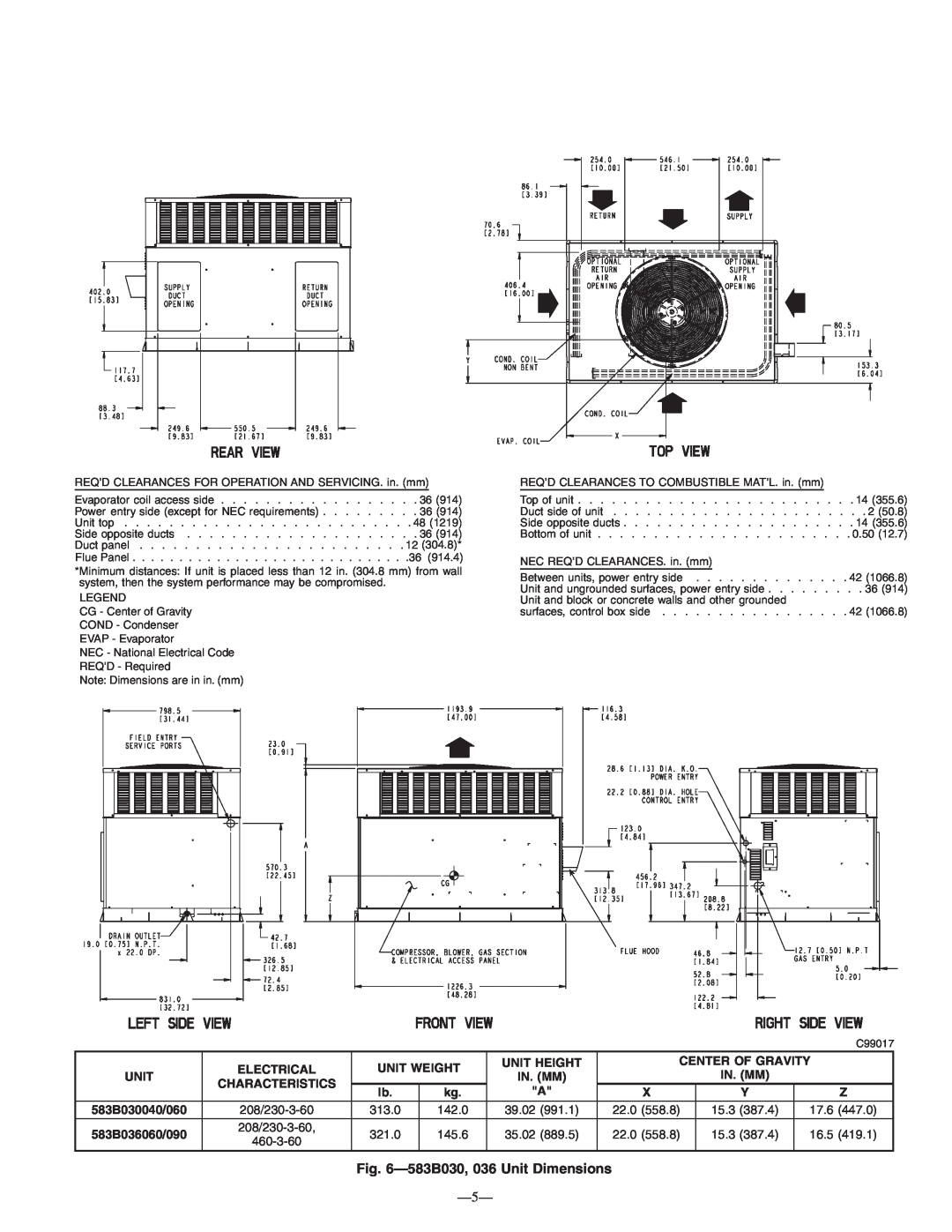 Bryant instruction manual 583B030,036 Unit Dimensions 
