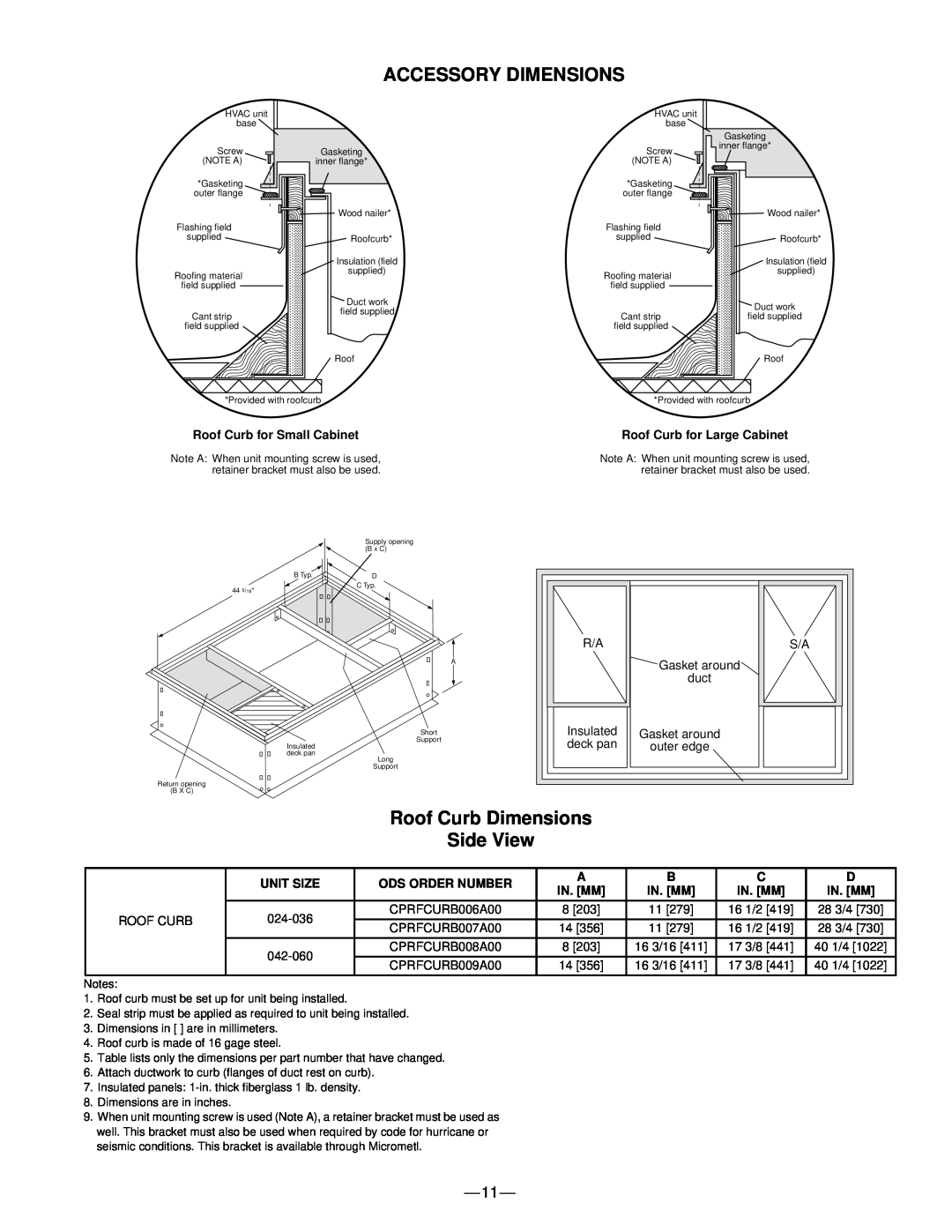 Bryant 583B manual Accessory Dimensions, Roof Curb Dimensions Side View 