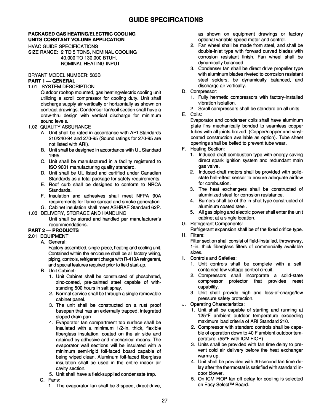 Bryant 583B manual Guide Specifications, PART 1 - GENERAL, PART 2 - PRODUCTS 