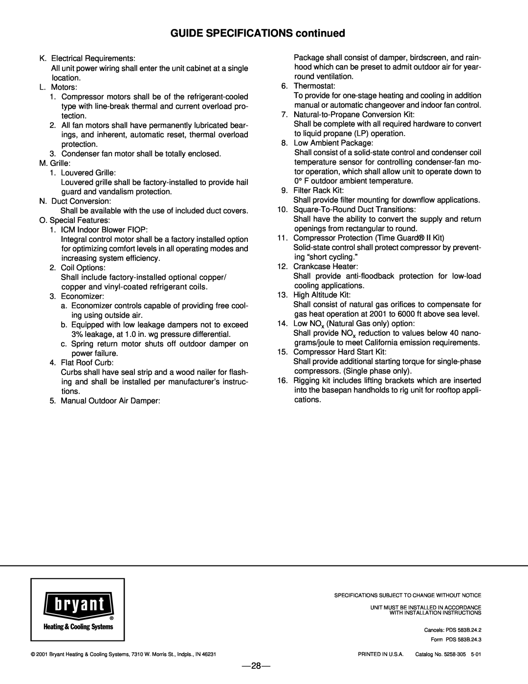 Bryant 583B manual GUIDE SPECIFICATIONS continued 