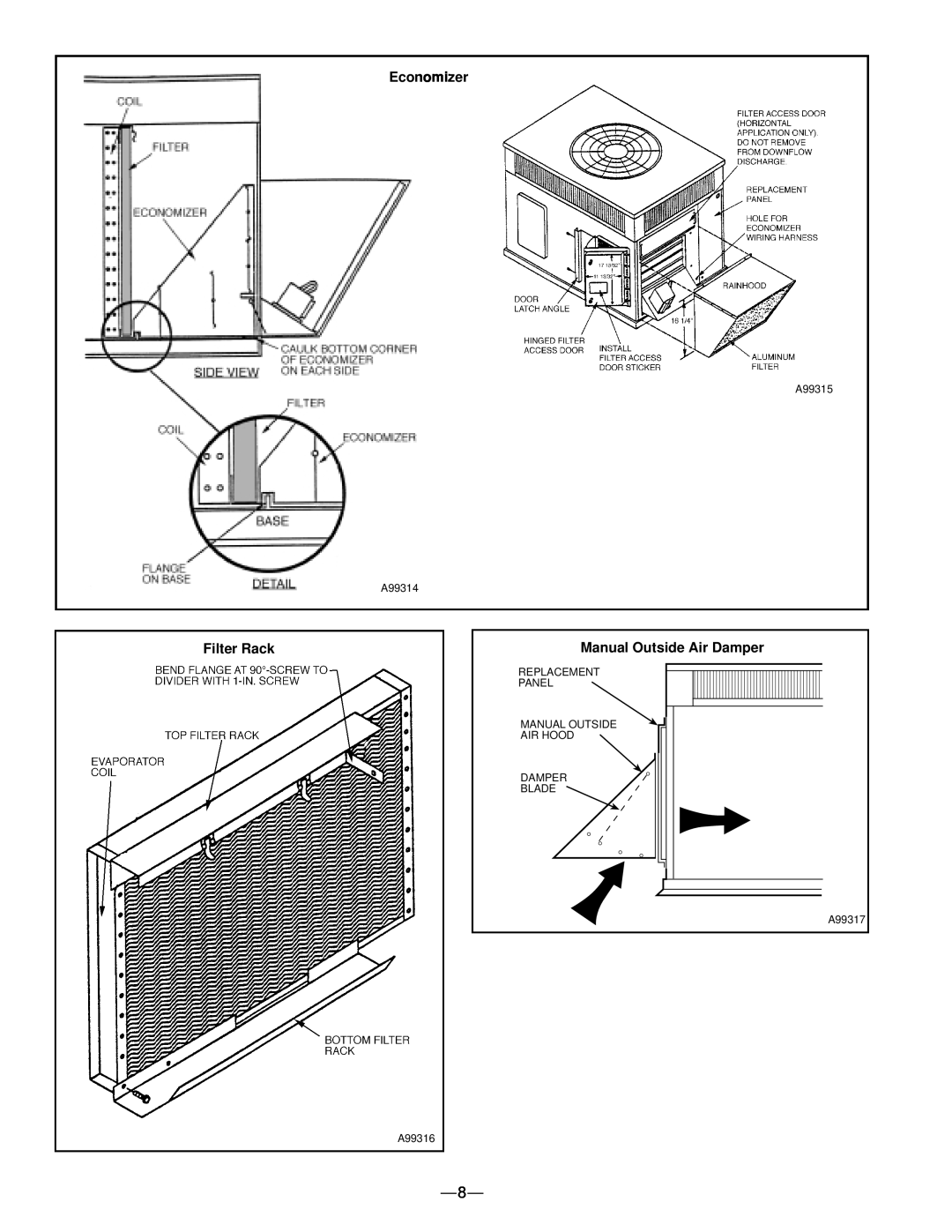 Bryant 583B manual Economizer, Filter Rack, Manual Outside Air Damper 
