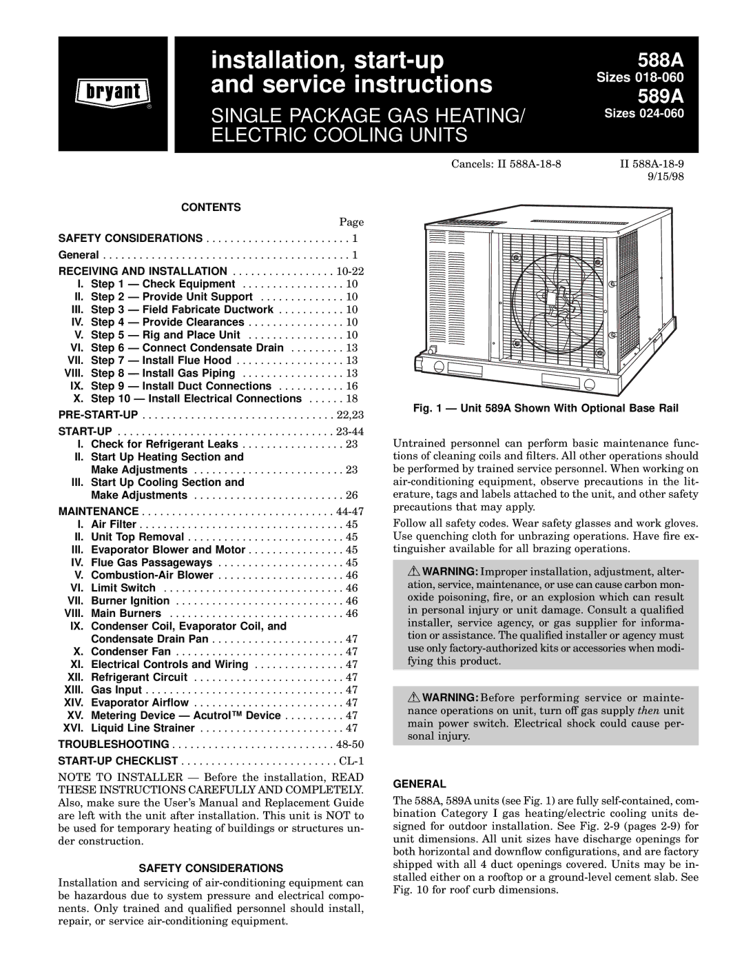 Bryant 589A, 588A user manual Contents, Safety Considerations, General 