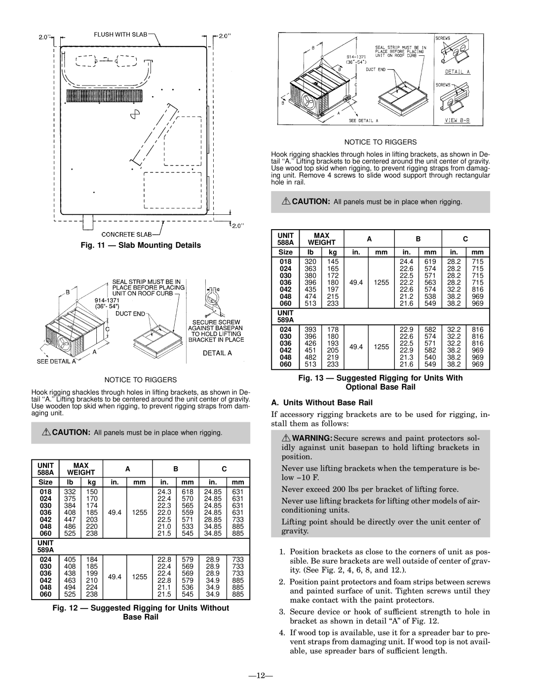 Bryant 588A, 589A user manual Unit MAX, Weight 