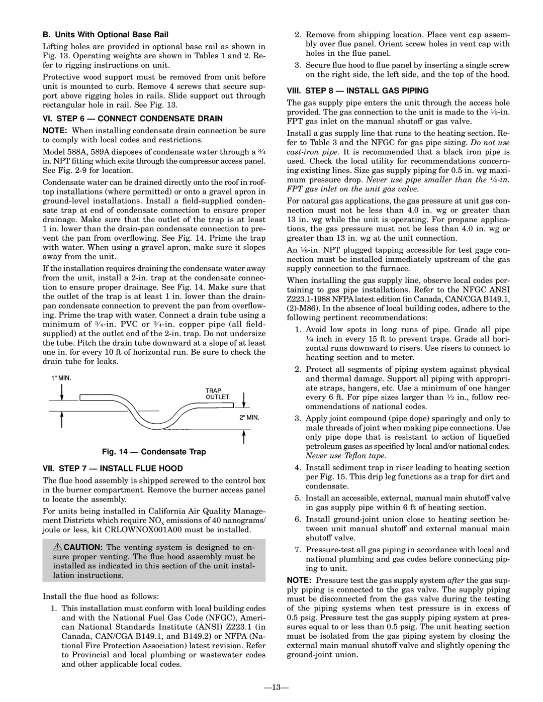 Bryant 589A, 588A user manual Units With Optional Base Rail, VI. Ð Connect Condensate Drain, VII. Ð Install Flue Hood 