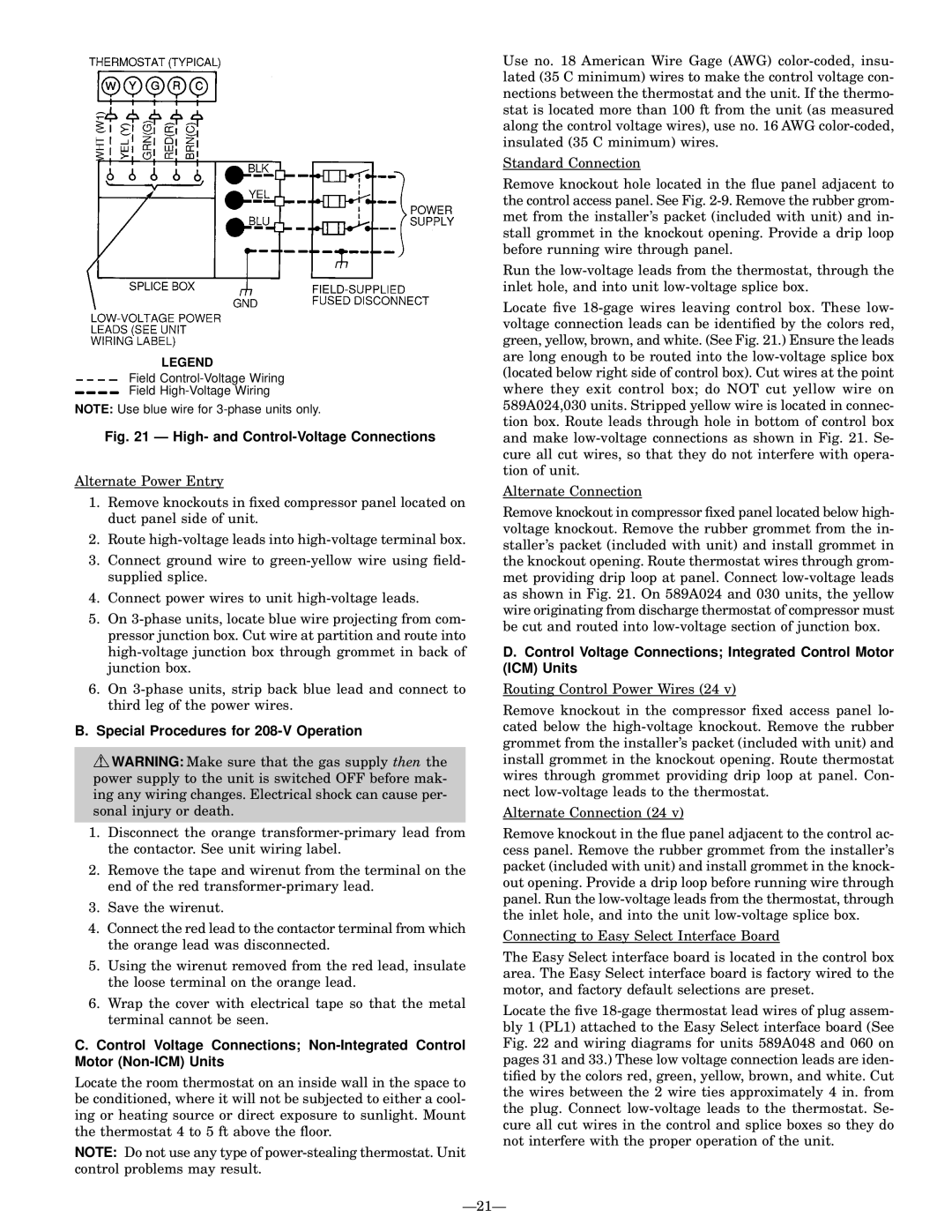 Bryant 589A, 588A user manual High- and Control-Voltage Connections, Special Procedures for 208-V Operation 