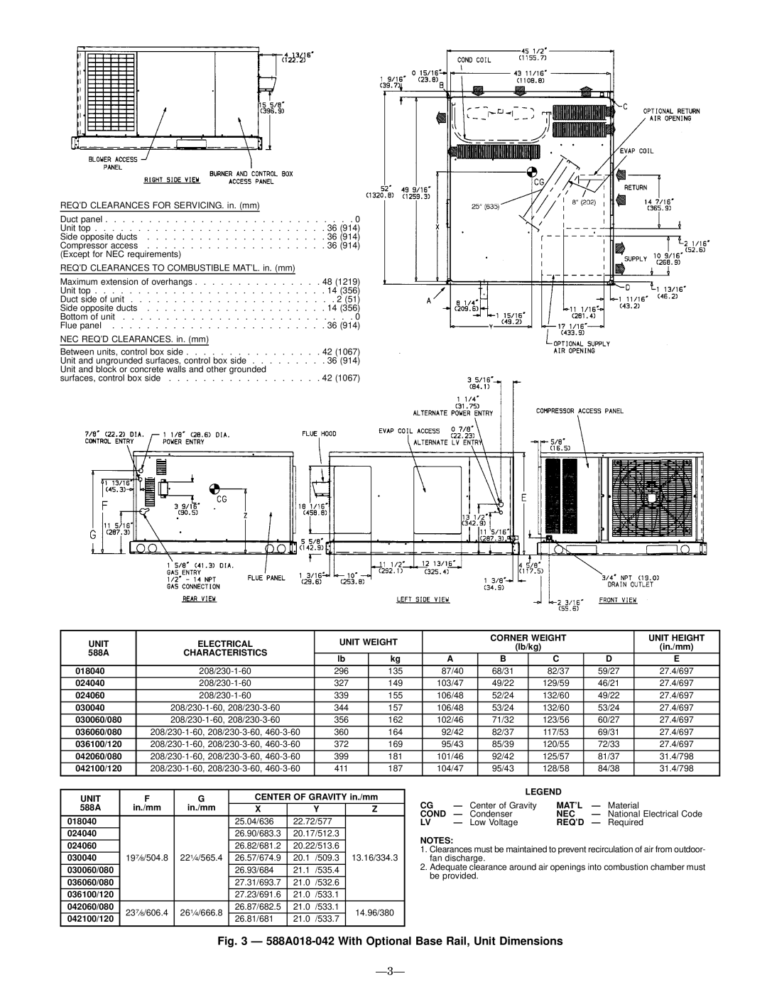 Bryant 589A user manual 588A018-042 With Optional Base Rail, Unit Dimensions, Ð3Ð 