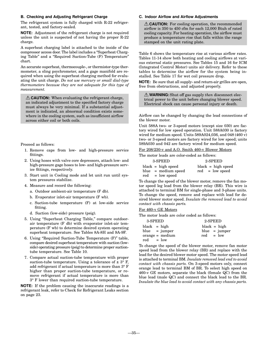 Bryant 589A, 588A user manual Checking and Adjusting Refrigerant Charge, Indoor Air¯ow and Air¯ow Adjustments, Speed 