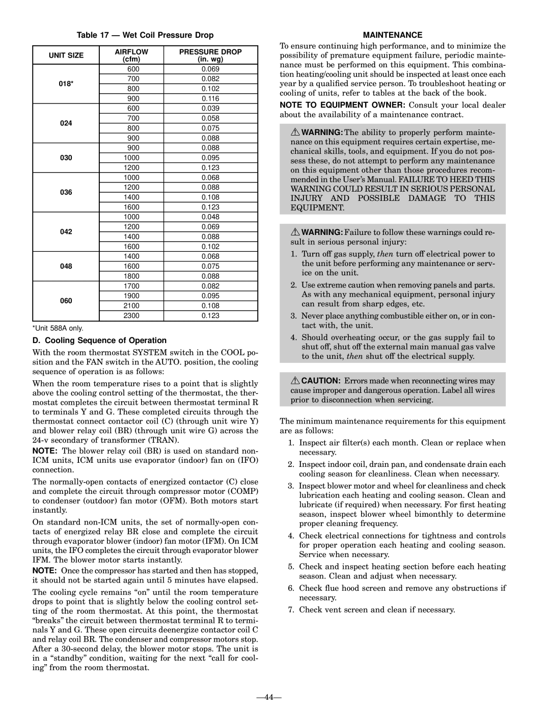 Bryant 588A, 589A Wet Coil Pressure Drop, Cooling Sequence of Operation, Maintenance, Unit Size Airflow Pressure Drop 