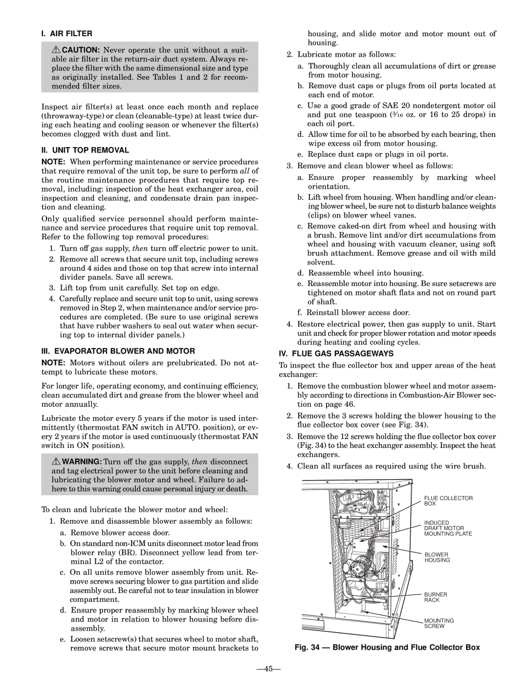 Bryant 589A, 588A AIR Filter, II. Unit TOP Removal, III. Evaporator Blower and Motor, IV. Flue GAS Passageways, Ð45Ð 