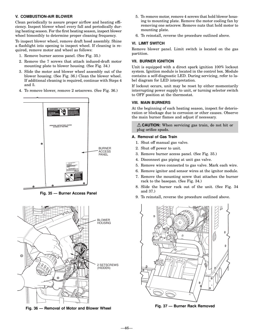 Bryant 588A, 589A COMBUSTION-AIR Blower, VI. Limit Switch, VII. Burner Ignition, VIII. Main Burners, Removal of Gas Train 