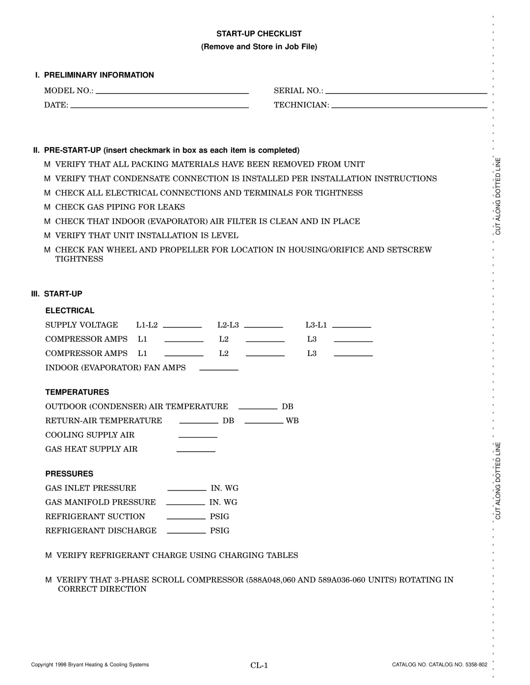 Bryant 588A, 589A user manual START-UP Checklist, Preliminary Information, III. START-UP Electrical, Temperatures, Pressures 