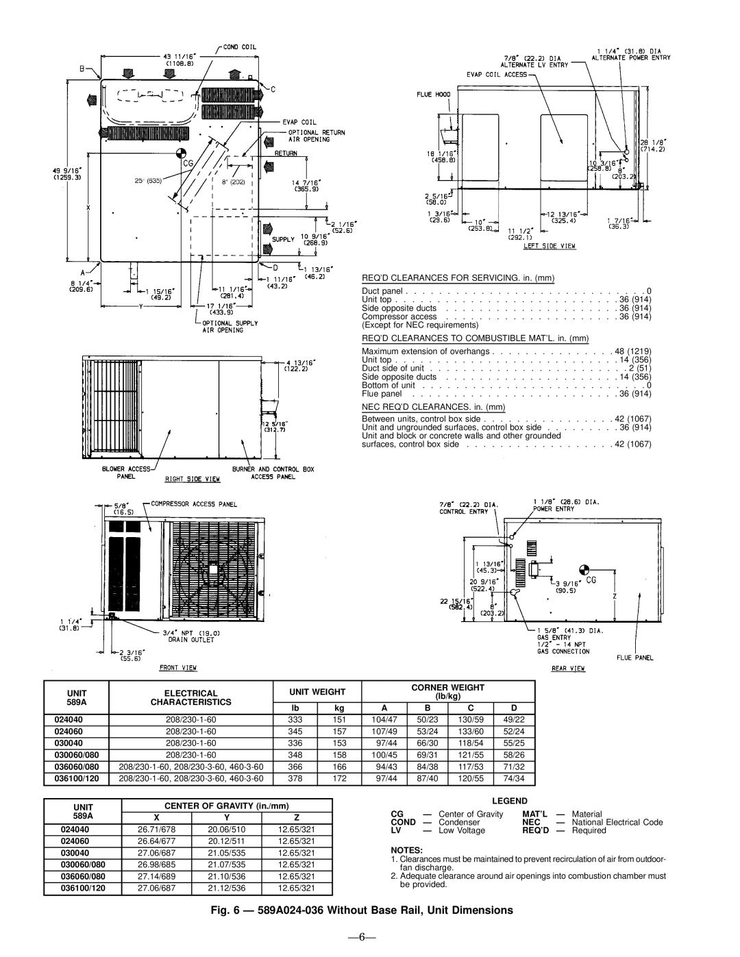 Bryant 588A user manual 589A024-036 Without Base Rail, Unit Dimensions, Ð6Ð 